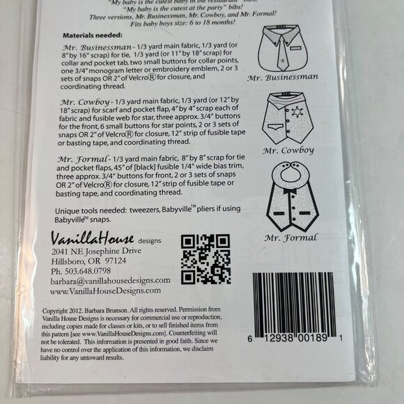 Dude Babies Little Man Bibs Pattern Vanilla House 6-18 Months 3 Versions UNCUT - Picture 6 of 6